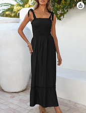 ZESICA Women's Summer Boho Spaghetti Strap Square Neck Solid Black Ruffle Size L