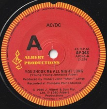 AC/DC 45: YOU SHOOK ME ALL NIGHT LONG +1 AUSSIE ALBERT AP- 343 EX+ & NM 1980