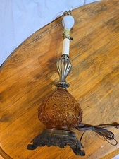 Vtg Mid Century Modern Amber Glass Table Lamp Retro Hollywood Regency