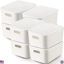 Tuanse 8-Pack White Plastic Storage Bins with Lids - Stackable Organization Bins