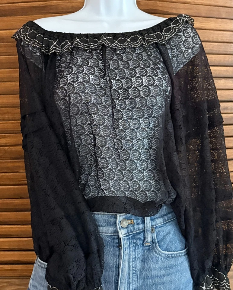 Vintage Sheer Lace Black and Silver Off the Shoulder Blouse Size Large 1970's - - Image 2 of 4