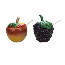 PAUL MARSHALL Ceramic Peach and Grape Condiment / Jam Jars Lids Spoons- Japan