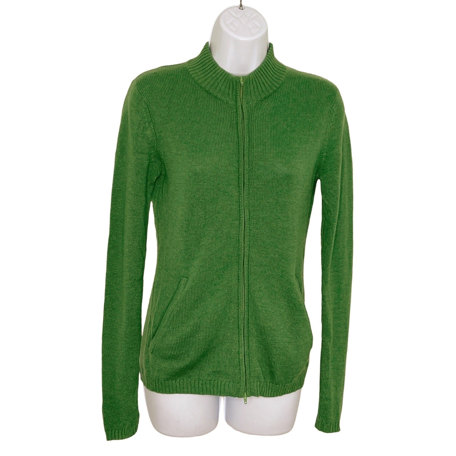 Green cashmere cardigan sweater with a high neck, new with tags