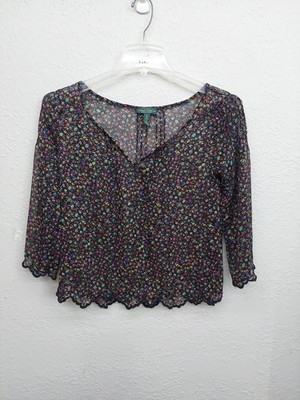 LRL Jeans Ralph Lauren Blouse Women Small Floral V Neck Semi Sheer Scalloped Hem