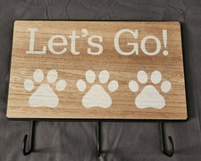 LET'S GO Paw Print Design 3 Hook Leash Key Bag Wall Hang Wood Frame up to 3.3 LB