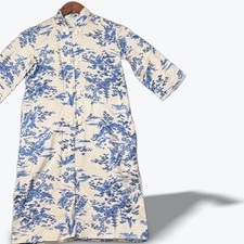 Vintage Blue White Toile Asian Kimono Pure Silk Midi Dress Robe Frog Closures