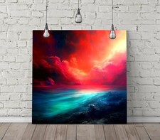 BEAUTIFUL RED SKY BLUE SEA SQUARE CANVAS ART FLOAT EFFECT/FRAME/POSTER PRINT