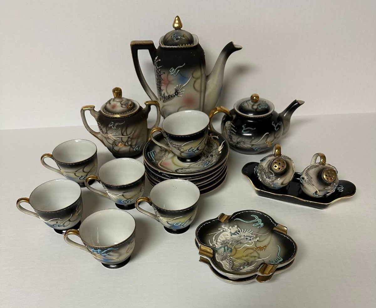 Vintage Japanese Moriage Dragon Ware Tea Set Gold Trim Demitasse
