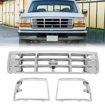 Front Grille W/ Headlight Bezel Kit For Ford F150 F250 F350 Bronco 1992-1997