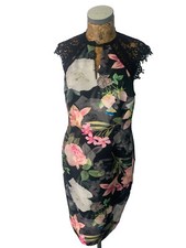 NEXT DRESS 14 Petite Midi Pencil Jersey Lace Sheer Panel Formal occasion Black