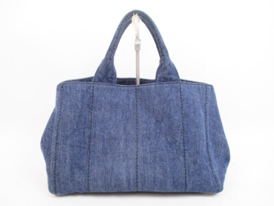 Authentic PRADA Canapa Blue Denim Canvas Tote Bag Hand Bag
