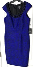 ADRIANNA PAPELL Black Blue Jacquard Brocade Beaded Embellished Sheath Dress 12
