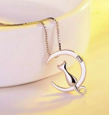 Katze Anhänger Halskette Aus 925 Sterling Silber Mit Mond & Blauem Kristall – 18+2 Zoll, Feines Schmuckstück Für Katzenliebhaber