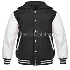 Varsity Letterman baseball Black Wool white Genuine leather Sleeves Hoodie