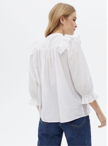 NEW LOOK White Embroidered Lace Frill Yoke 3/4 Sleeve Shirt Top UK10 EU38 - Picture 4 of 12