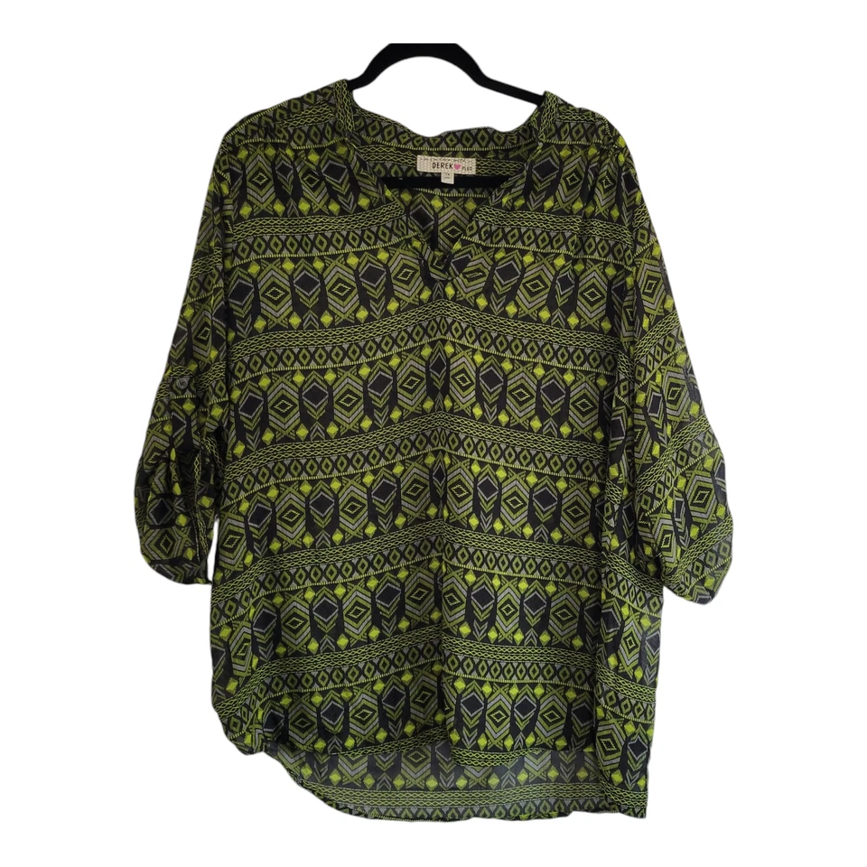 Blusa Derek Plus Size Feminina Tamanho 1X Verde e Preta Geométrica Botão Manga Rolo - Imagem 2 de 4