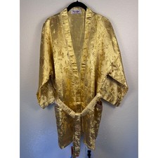 Vintage Eastern Collection Kimono Robe Women Gold Brocade Satin Floral Lounge