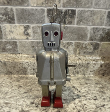Vintage Tin Wind-Up Robot Toy Silver Red Robot Theme