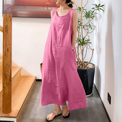 Women Sleeveless Vest Tank Long Dress Ladies Summer Solid Cotton Maxi Gown - Picture 7 of 27