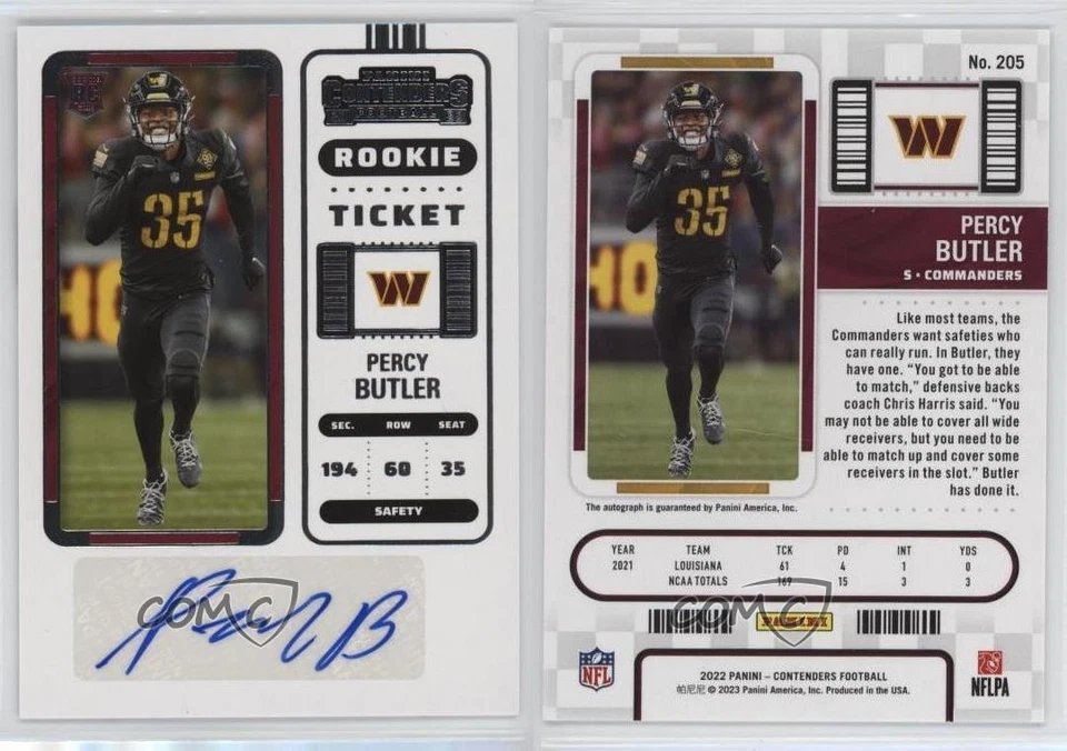 2022 Panini Contenders Rookie Ticket Percy Butler #205 Rookie Auto RC - Image 3 of 3