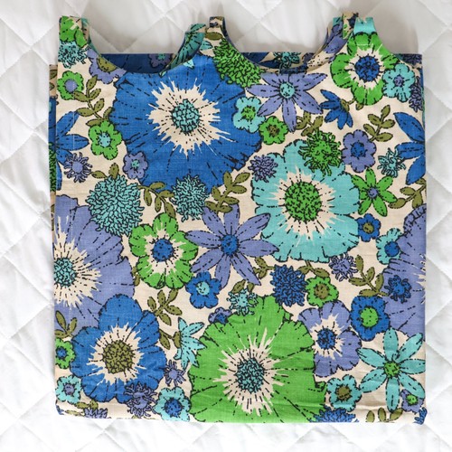 Vtg 1960s MCM Curtain Mod Funky Floral 59x32 Camper Blue Green Cotton Groovy