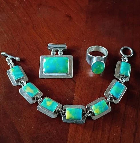 Vintage  Sterling Silver 3 Piece Jewelry Set From Mexico ~ Unusual Stones
