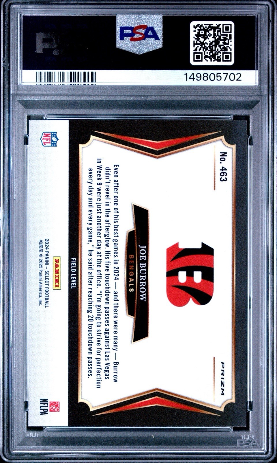 2024 Panini Select Zebra Field Level Joe Burrow SSP Case Hit PSA 10 POP 5 view 2