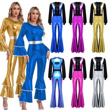 Womens Vintage Disco Dance Jumpsuit Mesh Sleeve Bottom Pants Rompers Dancewear