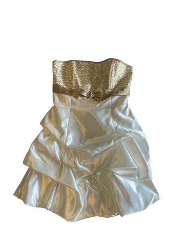 Gunne Sax, Gunne Sax Vintage Ruched Satin Formal Prom Dress Gold Sequins Fairy Medium