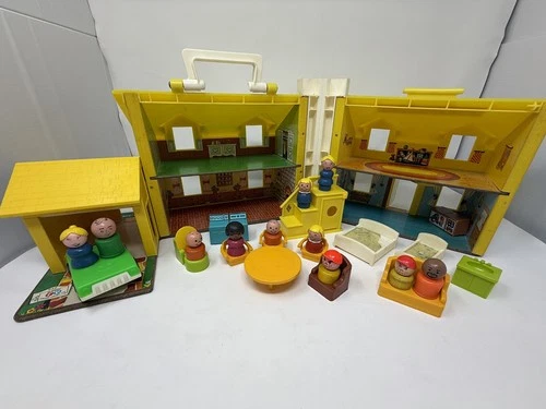 Vintage Fisher Price Play Family House Little People Yellow 1969 w/ Car & Extras
