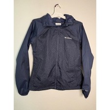 Columbia Womens Omni-Tech Hooded Windbreaker Jacket Navy Blue Leaf Pattern Med