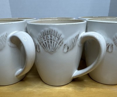 6 Set Pfaltzgraff Panama Stoneware Mugs~Embossed Starfish & Seashell Sandy Color