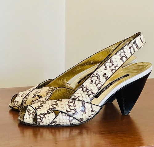 Rare Vintage 80s Ivory Brown Black Snakeskin Peeptoe Slings Heels Walter Steiger 7.5 - Bild 1 von 8