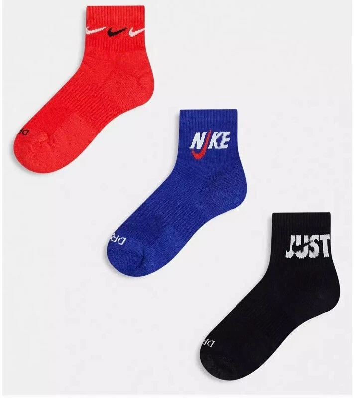 Nike Dri Fit Training 3 pack Ankle Logo Socks Blue Red Black Size 5-8 MEDIUM