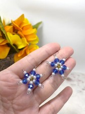Christmas Earrings for Woman Beaded Dangle Snowflake Handmade Blue White 2 pairs