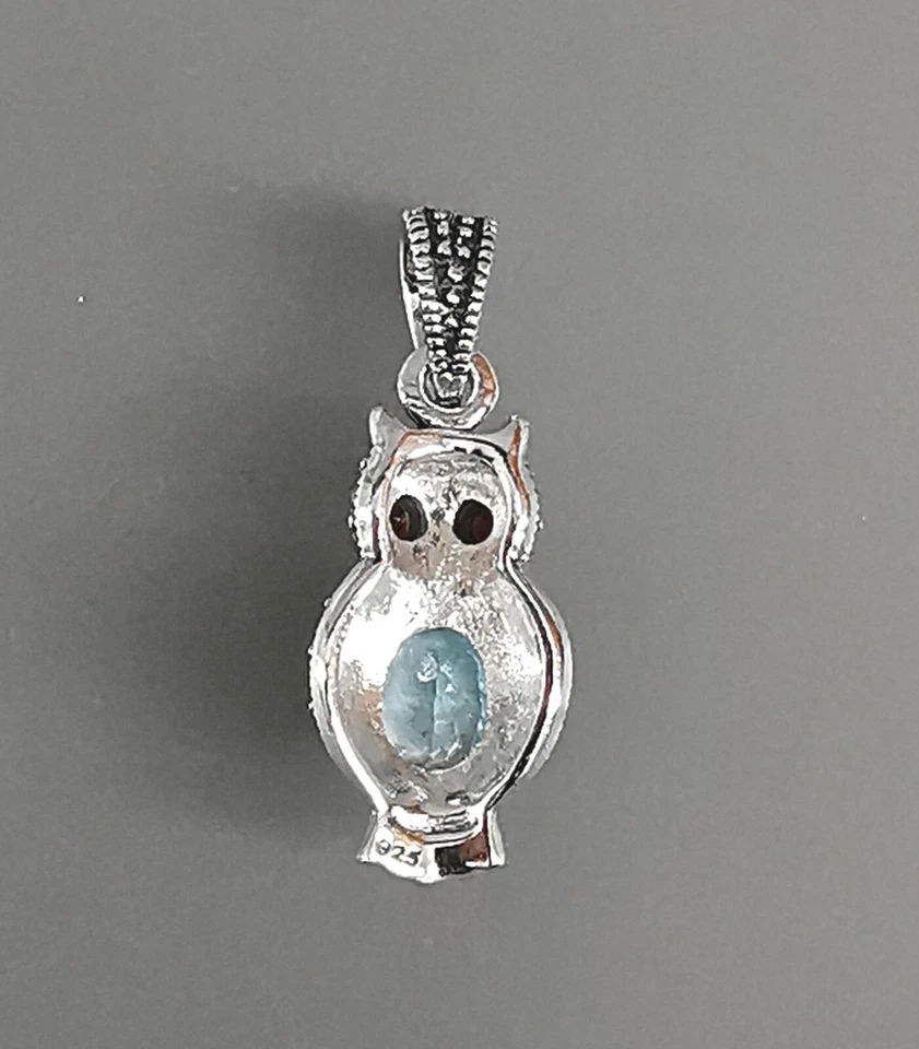9923050 Ciondolo Argento Topazio Blu Marcasiti Granato Gufo 1x2,5cm 925er - Immagine 2 di 2