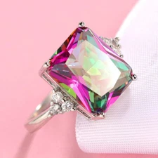 16.5 Cts Huge Rectangle Rainbow Mystic Fire Topaz Gemstone Silver Ring Sz 6-10