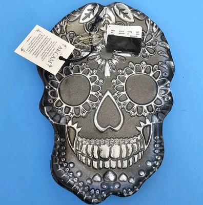 Sugar Skull Black Silver Plate 6x8'' Serving Dish Day Of Dead Trinket Dish Gothic