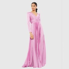 Mac Duggal Pleated Long Sleeve V-Neck Gown Size 16 Lilac Pink Satin Puff