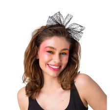80's Lace Bow on Hairband Black Adults 1980s Fancy Dress Accessory