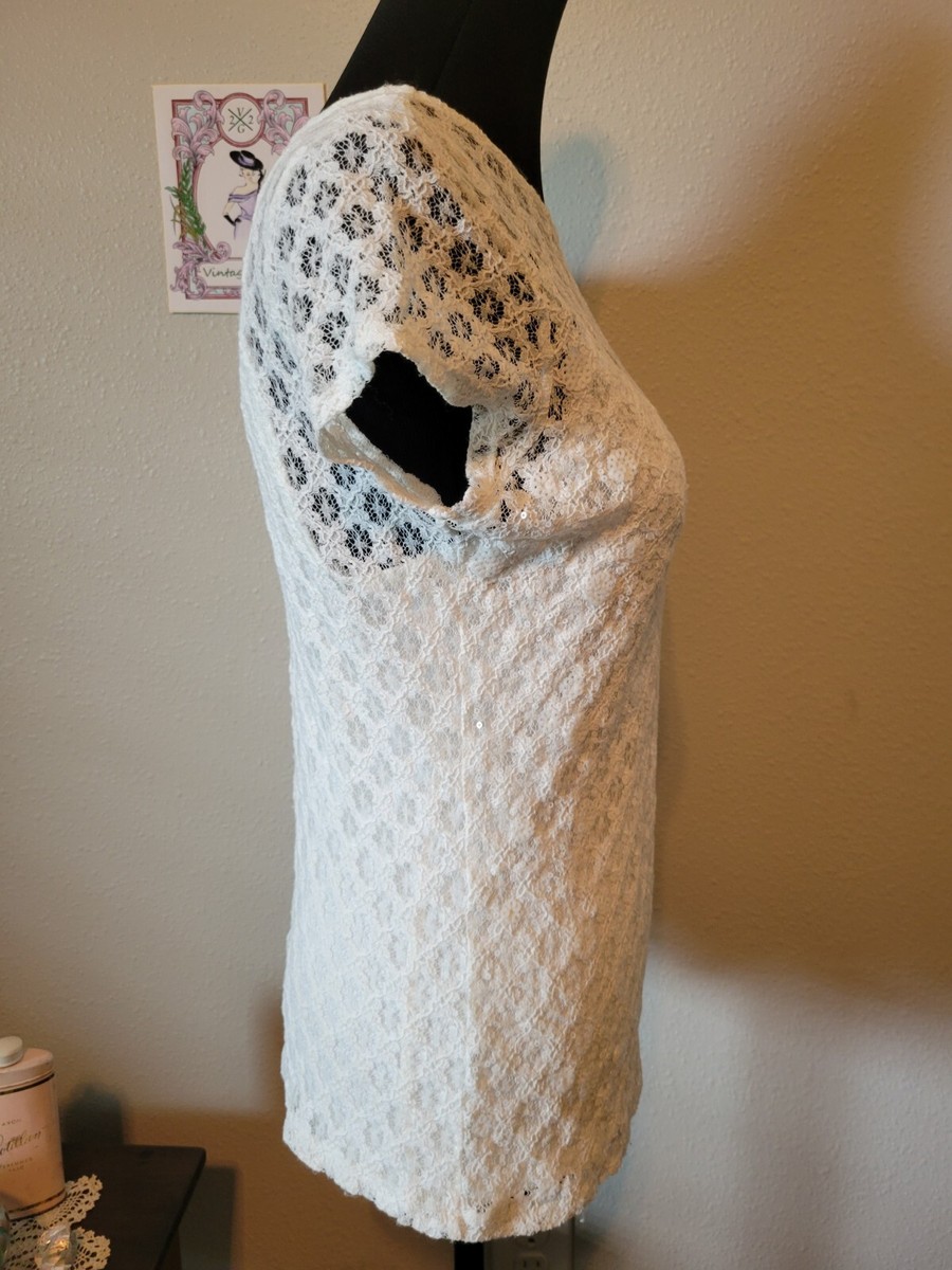 White Lace & Sequence Top w/ Built in Cami, By SKYES THE LIMIT, Cap Sleeve, Sz S View 5
