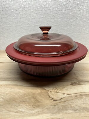 Vtg 1991 Pyrex Vision Cranberry Coning Cookware 1-Qt/L Round Casserole With Lids