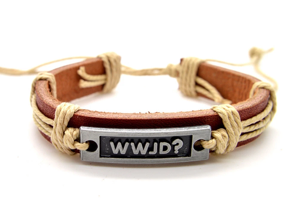 WWJD Inspirational Bracelet Leather and Metal with cord hand made