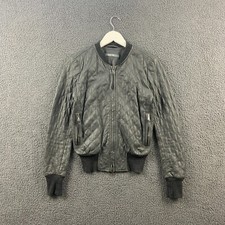 Lot 78 Jacket Womens 38 Grey 100% Leather Bomber Biker Quilted Lined Full Zip
