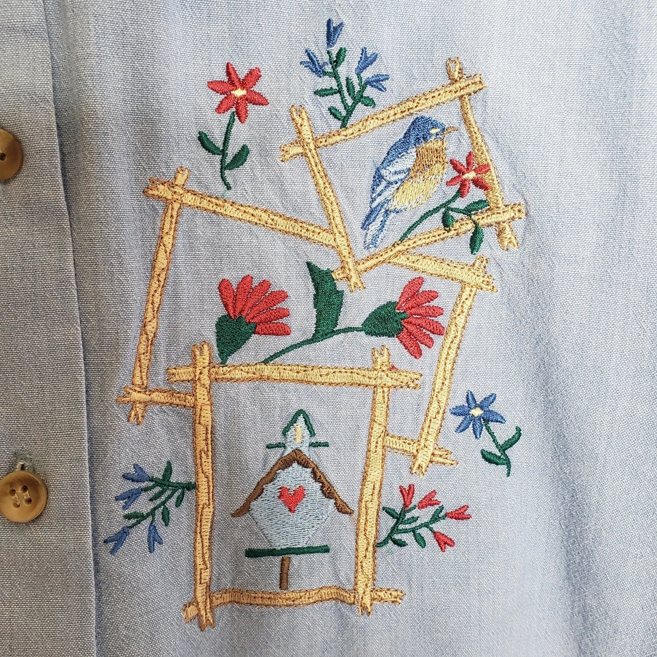 Blusa Vintage BonWorth Azul Denim Bordado Botón Flores Pájaros Pajarera M Foto 3 de 4