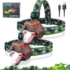 Dinosaur Headlamp for Kids Flashlight 2 Pack, Rechargeable Led Headlights Roar