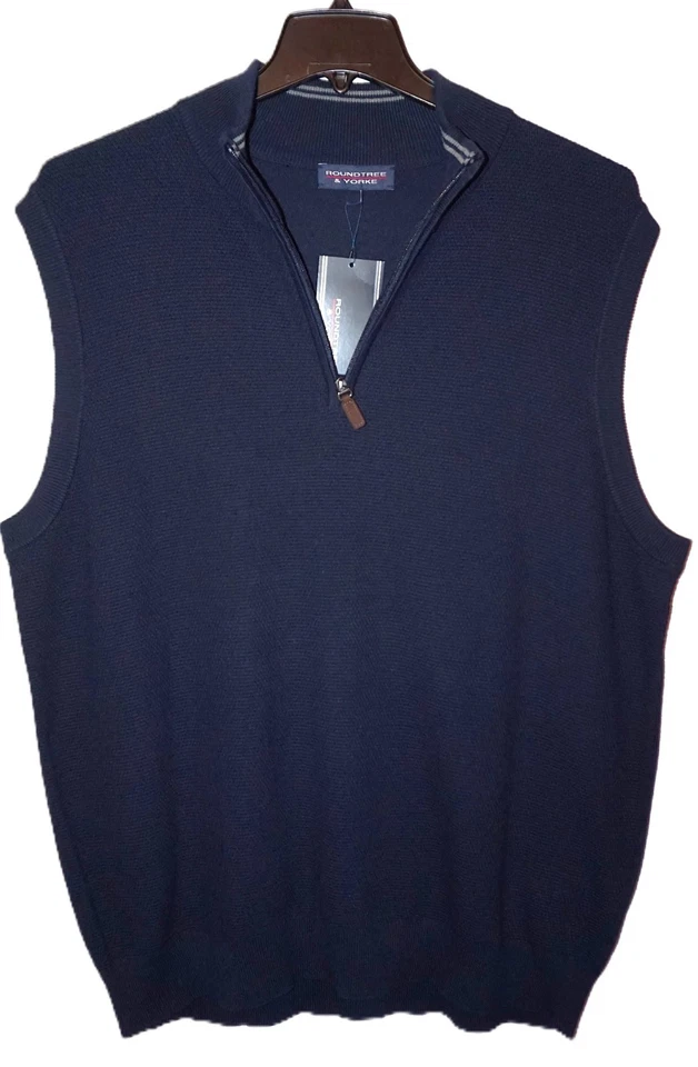 Mens Waffle-Knit 1/4 Zip Sweater Vest Tall XLT Dark Navy Blue by Roundtree Yorke - Image 4 of 4