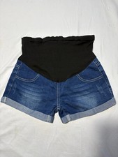Women’s Maternity Denim Shorts Blue Stretch Over Bump Roll Hem Size S