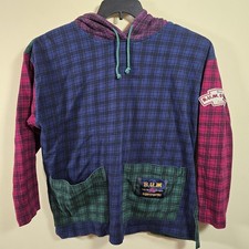 Vintage B.U.M. EQUIPMENT Color Block Plaid Long Sleeve Hoodie Size M