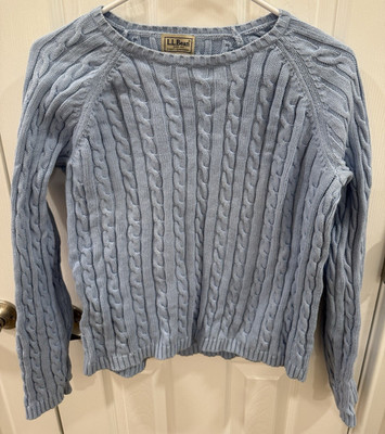 L.L.Bean Women's Blue Cable Knit Crewneck Pullover Sweater M Regular 100% Cotton